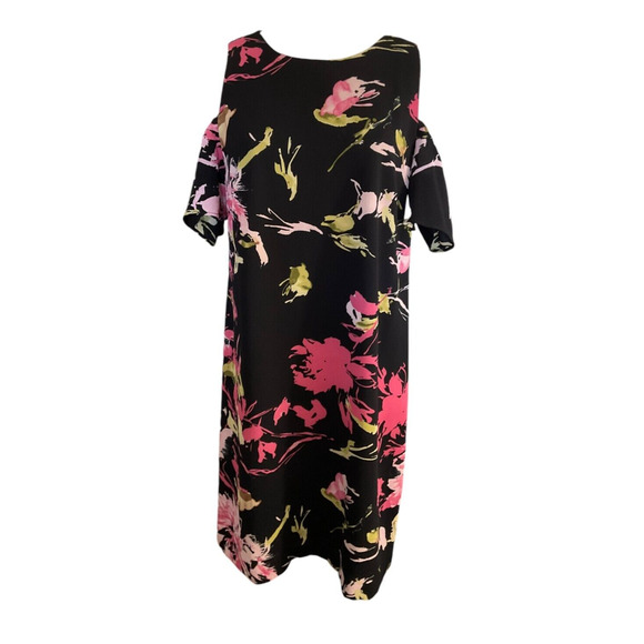 Tahari-Levine Studio Floral Cold Shoulder Sheath Dress 8 Black Pink Green - Picture 1 of 11